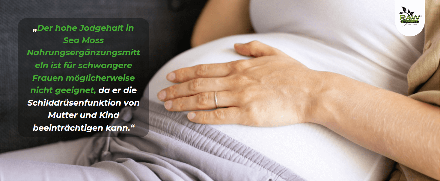 Der hohe Jodgehalt in Sea Moss Nahrungsergänzungsmitteln ist für schwangere Frauen möglicherweise nicht geeignet, da er die Schilddrüsenfunktion von Mutter und Kind beeinträchtigen kann.